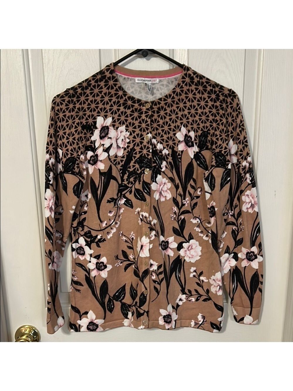 IsaacMizrahi Live Floral Tan Cardigan. Button front. Size XS